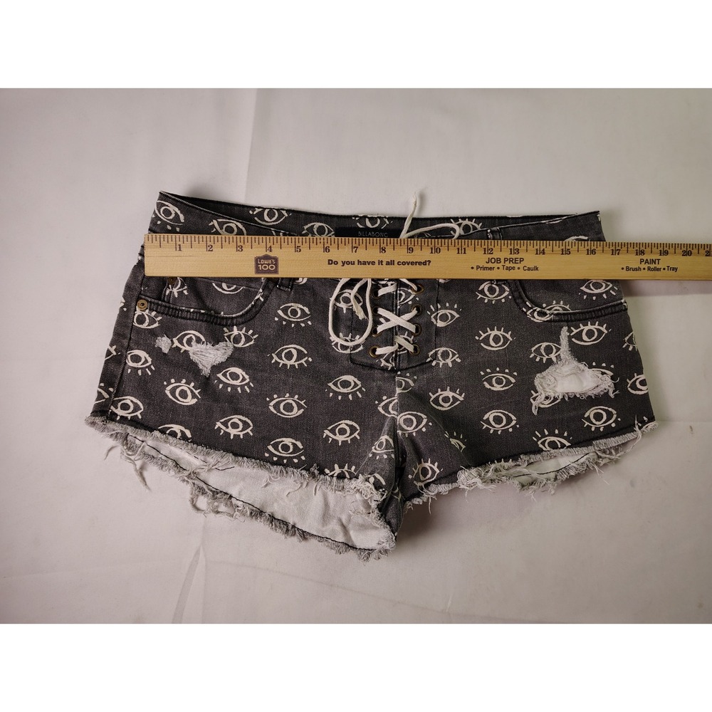 Billabong Womens 30 Eye Print Lace Up Denim Shorts Washed Black Grey Distressed - Picture 5 of 9
